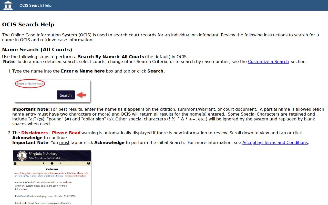 Rappahannock County warrant search fields explained by Virginia OCIS help
