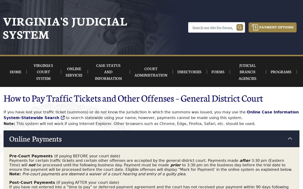 Rappahannock County traffic warrant case and payment interface