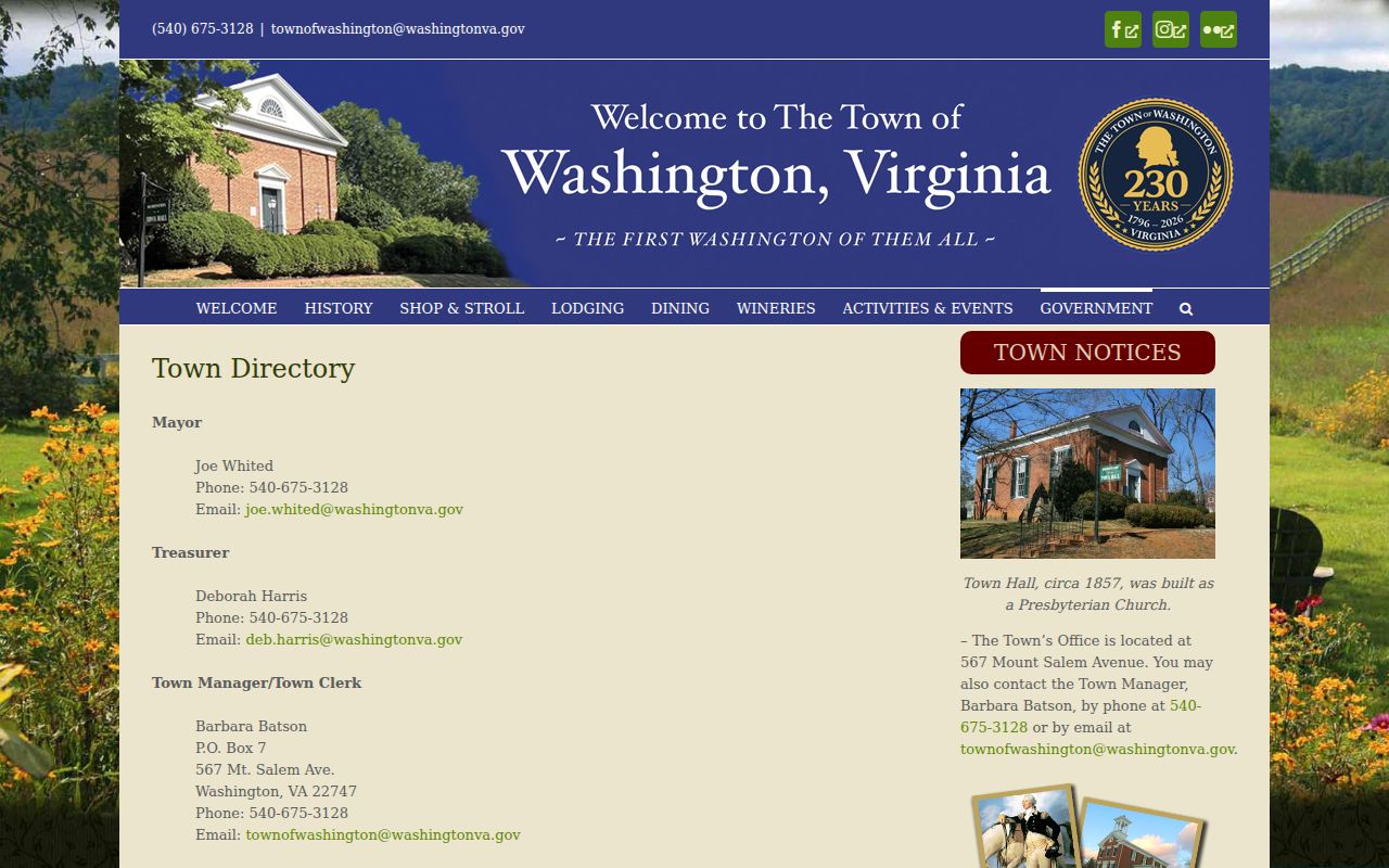 Rappahannock County municipal warrant information and Town of Washington directory